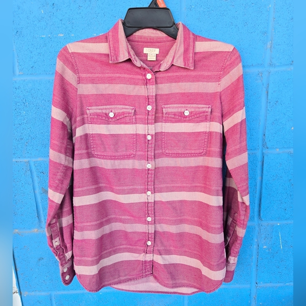 J Crew Pink Raspberry Striped Buttonfront Flannel Shirt Sz Xs